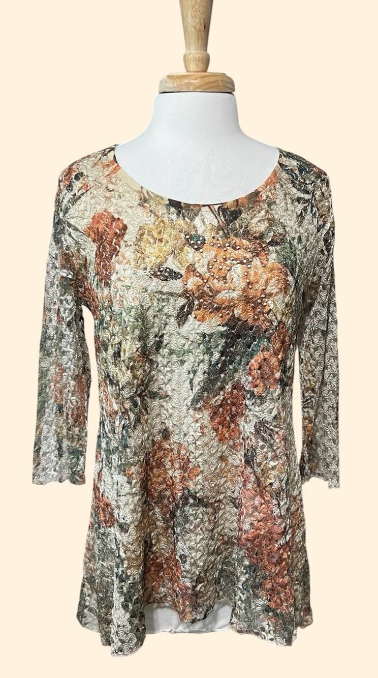 Frazzle Y2K Women L Asymmetric Lace Crochet Overlay Tunic Top Rustic Earthy Boho